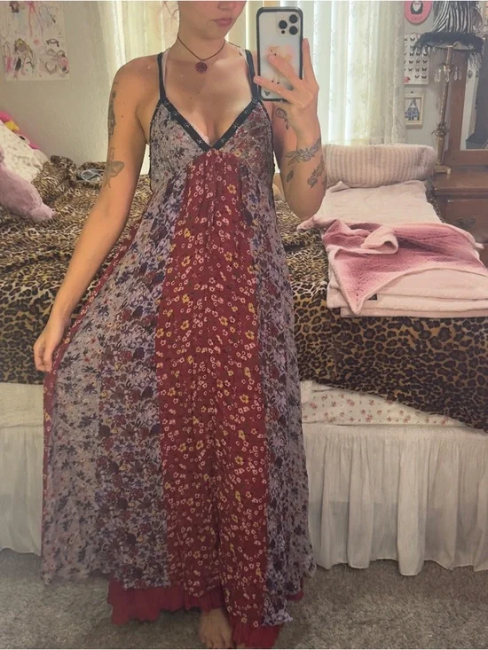 Zara Floral Patchwork Maxi Dress in Burgundy and Lavender - Picture 1 of 12